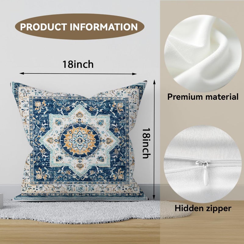 RBAFAO Bohemian Pillow Covers | Vintage Floral & Carpet Design | Double Sided Blue White Decorative Pillowcases for Couch, Bed | Indoor Outdoor Boho Home Decor (White&Blue, 18x18inches) - Image 2